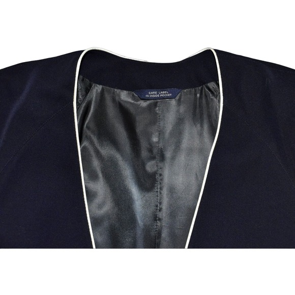B0 BURBERRYS Navy Wool White Trim Single Button Collarless Jacket Blazer Size L - Picture 5 of 7